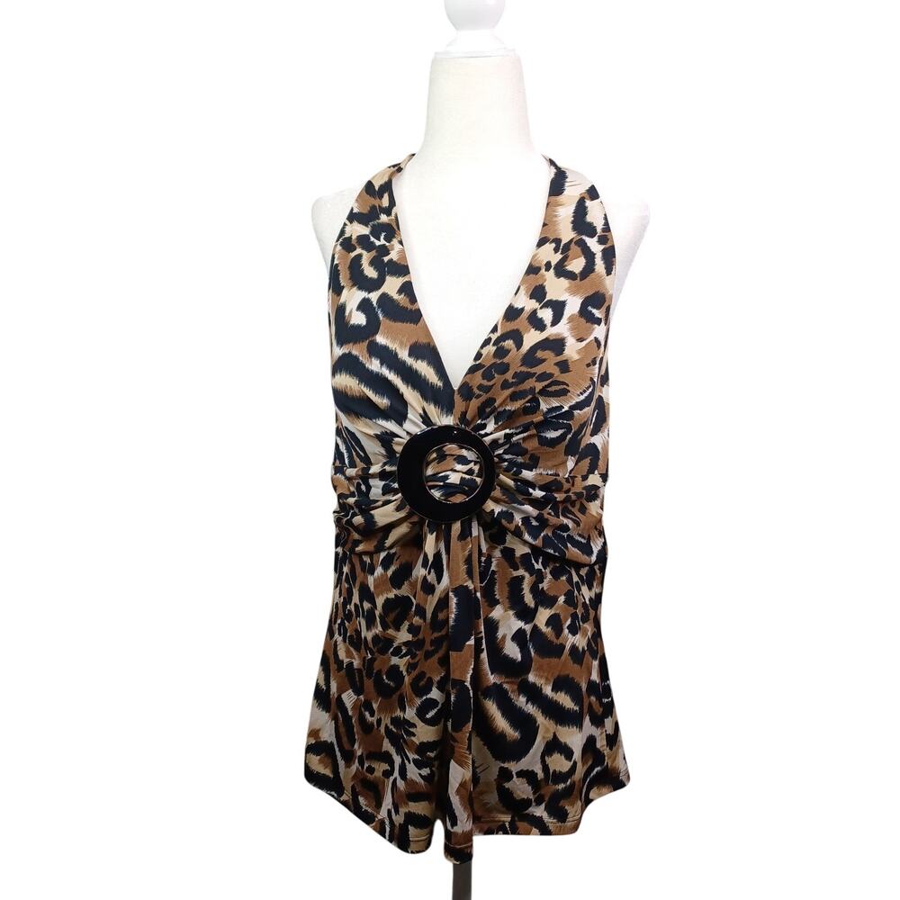 Vintage Cache Women Leopard Halter Going Out Top Large Tie Neck Club Mob Wife